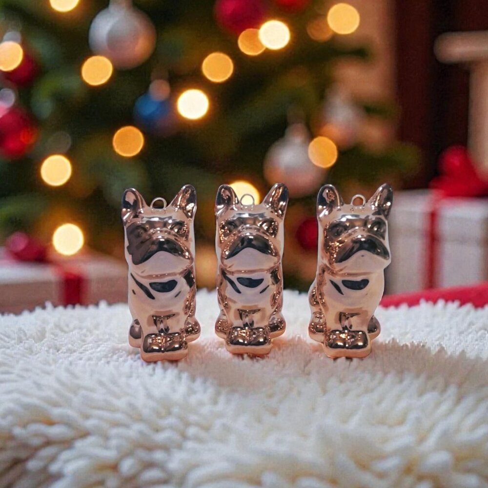 Lot Of 3 French Bulldog Christmas Ornaments-Ceramic-Rose Gold Finish
